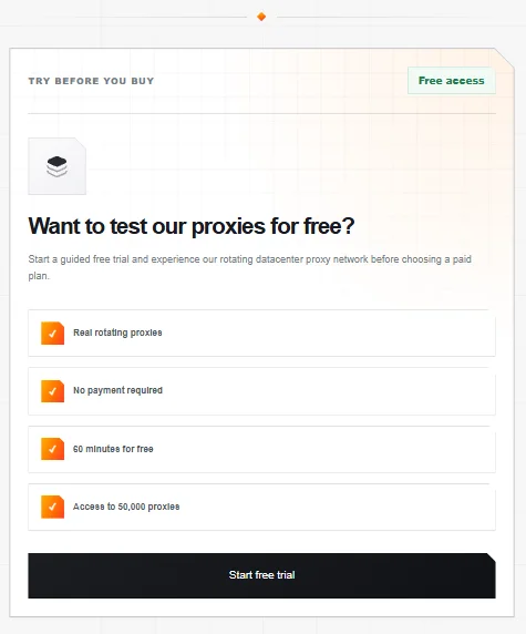 RotatingProxyHub dashboard card offering a free rotating proxy trial