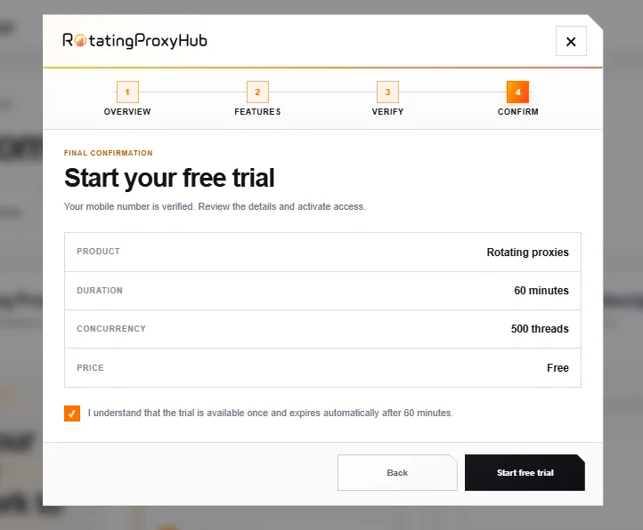 Free rotating proxy trial confirmation screen with duration, concurrency and price details